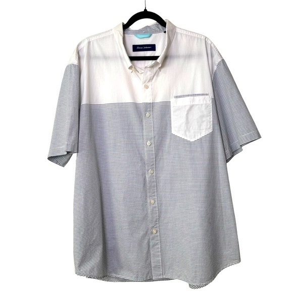 Tommy Bahama Men’s XXL Cotton White & Blue Striped Button Down Short Sleeve - Picture 1 of 6
